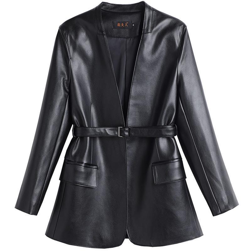 Womens V-Neck Mid-Length Leather Blazer Coat With Waist Tie Slim Fit Jacket Fashion