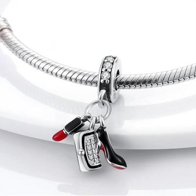 Berloque 925 Sliver Beads Women Handbag Lipstick High Heels Shoes Dangle Charm Fit Brand Bracelet Making Girl Gift