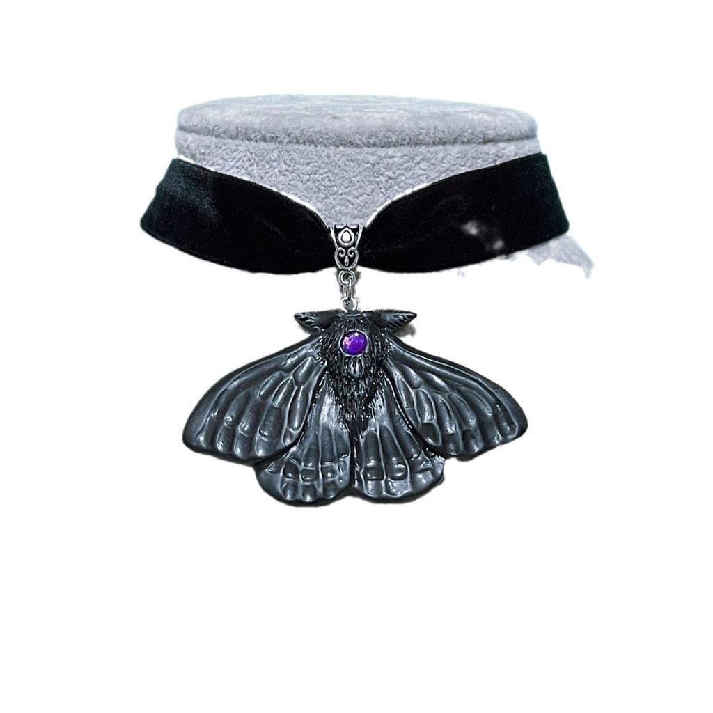Y2K subculture, gothic style retro black moth, velvet necklace collar, Halloween necklace.