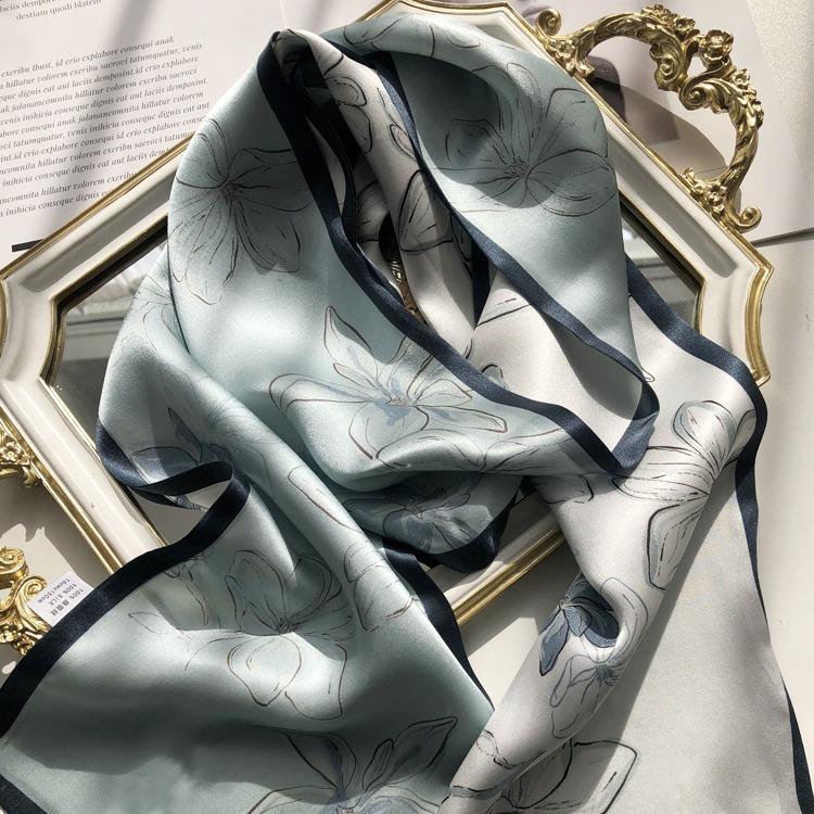 Gentle Lake Blue Double-Layer Silk Scarf Mulberry Silk Scarf Women'S Versatile Thin Narrow Long Multi-Functional Decorative Scarf Streamer