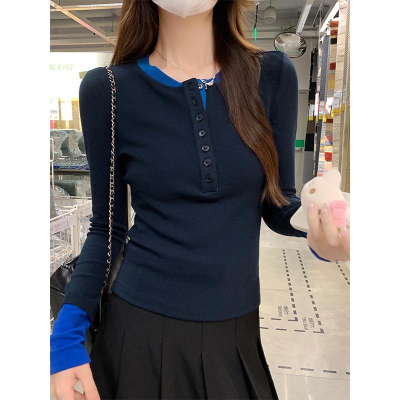 

Футболка с длинными рукавами и контрастным узором с французским узором для женщин на осень, высококачественная облегающая рубашка с полуоткрытым воротником сверху XL