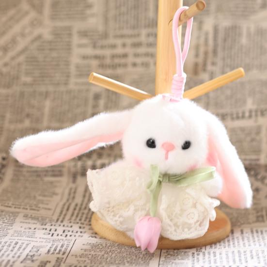 Cute Fluffy Bunny with Tulip Plush Keychain, Small Stuffed Animal Pendant for Bag Backpack Purse, Soft Rabbit Key Ring Charm, Gift for Girls