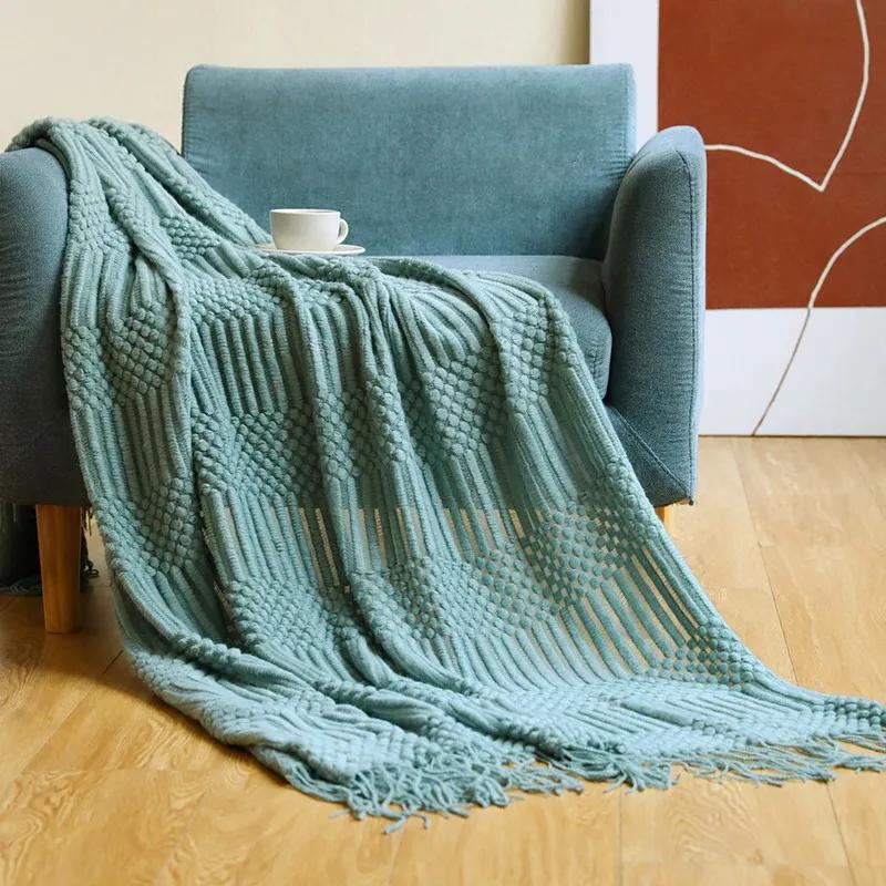 Luxury Solid Color Fringe Bean Blankets Tassels Knitted Throw Blanket Chunky Cozy Farmhouse Gift All Season Comfort For Home