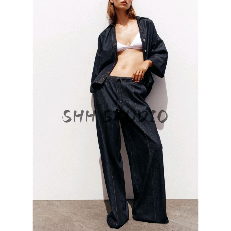 Wide Sleeve Fashion Polo Collar Denim Shirt 7484152 High Waist Wide Leg Jogging Casual Denim 7484151