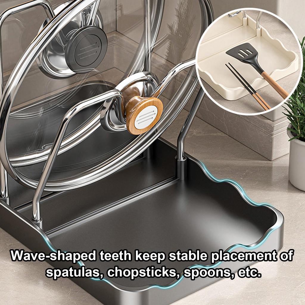 Pan Lid Organizer Vertical Spoon Rest with Drip Tray Stainless Pots Pans Lid Organizer for Kitchen Baking Cooking Pantry Counter