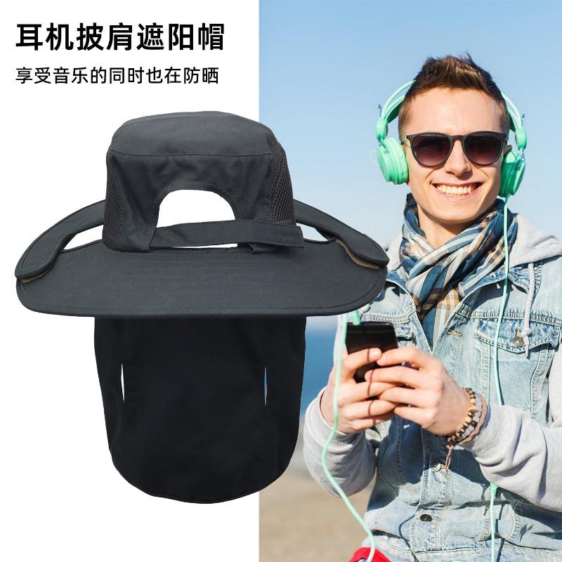 Outdoor Mountaineering Visor Men's Fishing Shawl Bucket Hat Earphone Hole Design Big Eaves Hat Summer New