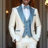 New White And Blue Formal Men Suit Groom Groomsman Wedding Party Prom Business Male Tuxedos 3 Piece Set Blazer Vest Pants
