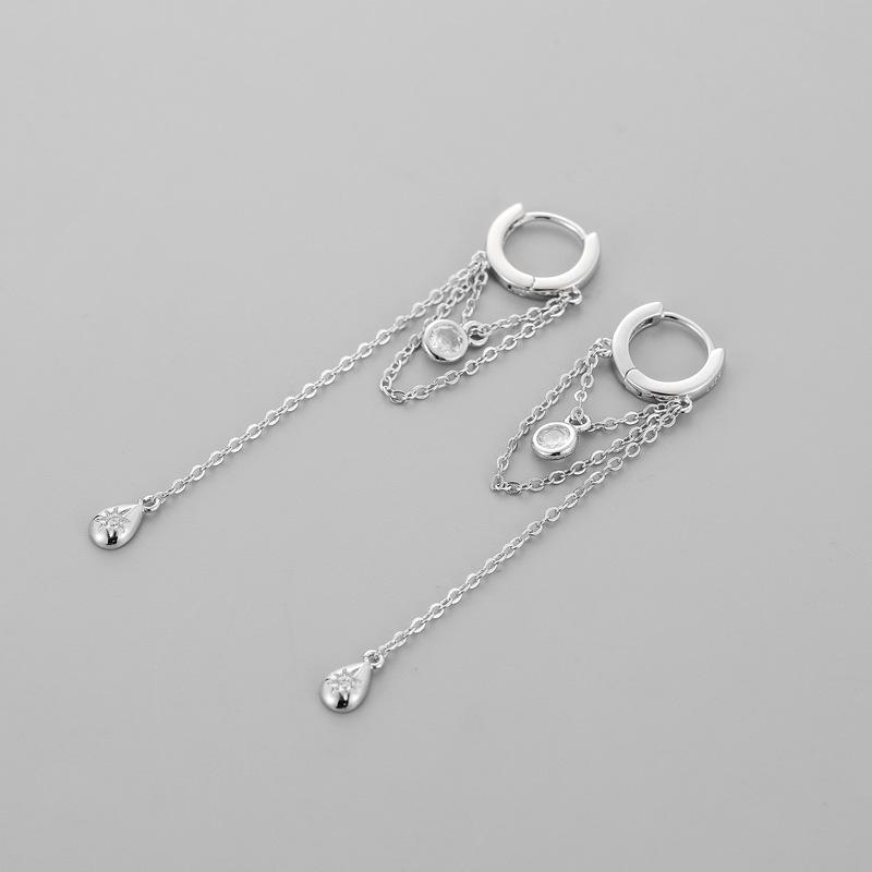 S925 Sterling Silver Zirconia Inlaid Long Chain Hoop Earrings - Japanese Korean Trendy Style Women s Fashion.