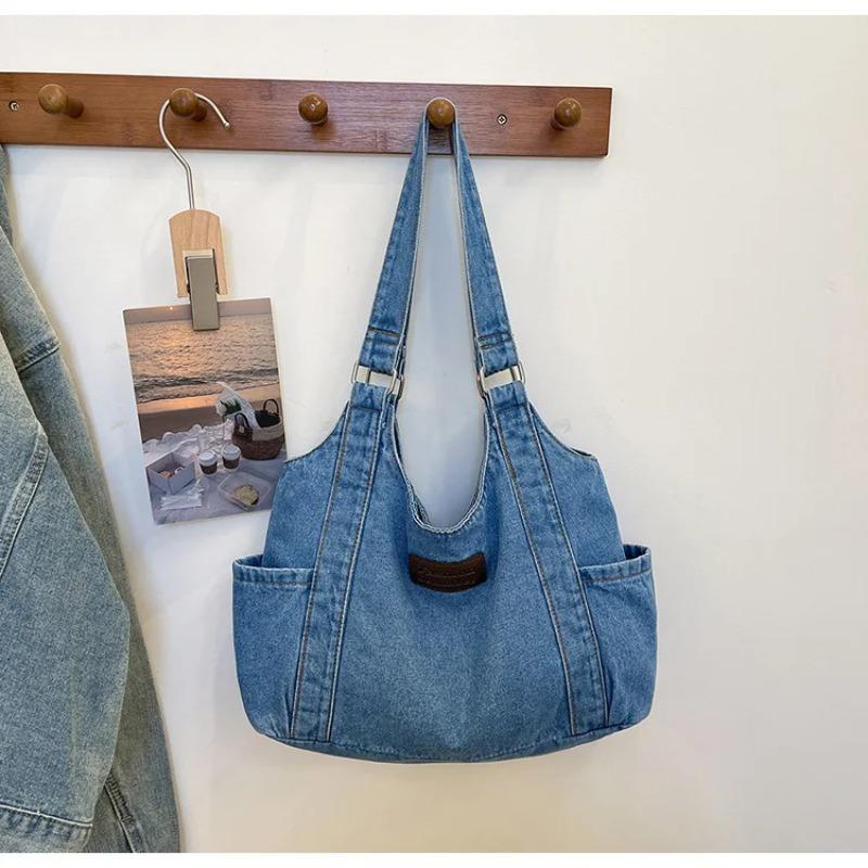 

Casual Versatile Denim Vest Shoulder Bags for Women Large Capacity Ladies Shopping Tote Bag Thread Design College Girls Handbags светло-синий