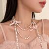 Elegant Multi Layered Pearl Ribbon Bow Layered Tassel Necklace Niche Sweet Drape Neck Chain Trendy Necklace Jewelry Accessories