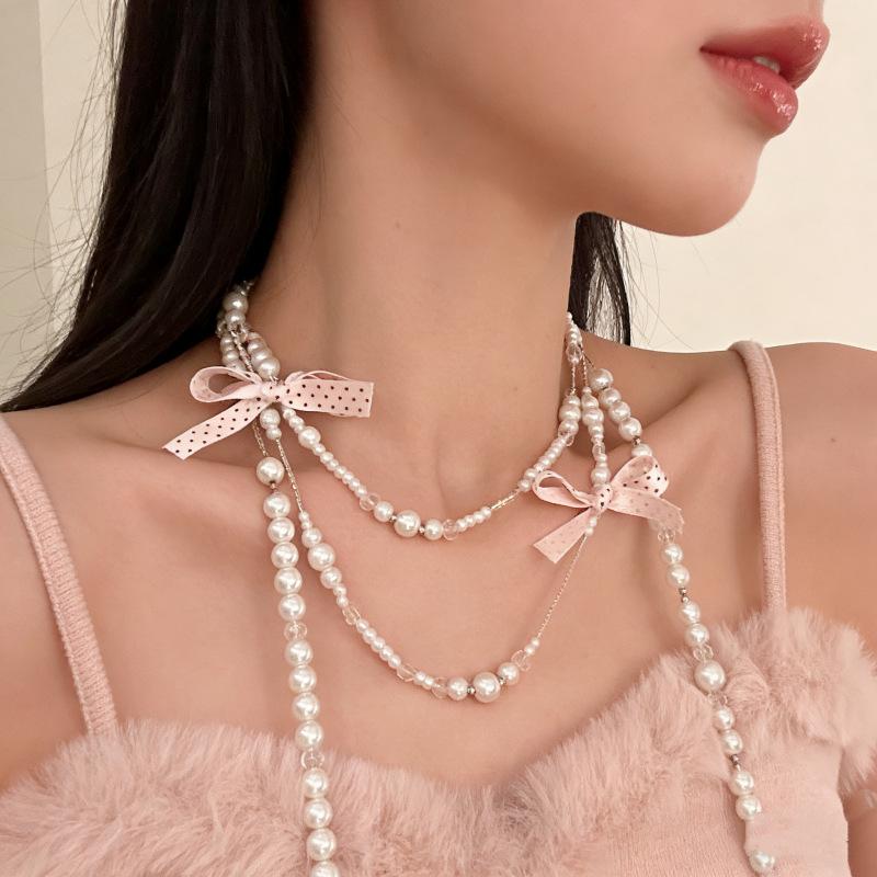 Elegant Multi Layered Pearl Ribbon Bow Layered Tassel Necklace Niche Sweet Drape Neck Chain Trendy Necklace Jewelry Accessories