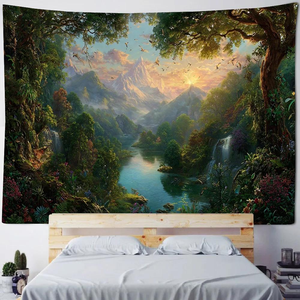 Jungle Creek Waterfall Polyester Tapestry Wall Hanging Decor Natural Landscape Artwork for Bedroom Living Room Home