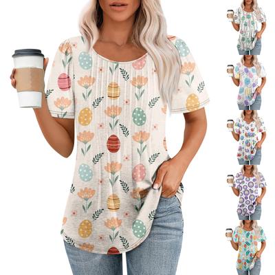 Camiseta feminina estampada de Páscoa casual plissada redonda manga curta