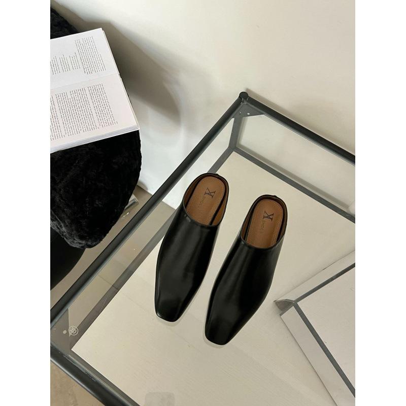 2025 primavera y otoño nuevo bolso versión coreana cabeza arrastre medio simple cabeza cuadrada retro zapatillas perezosas medias zapatillas zapatos planos