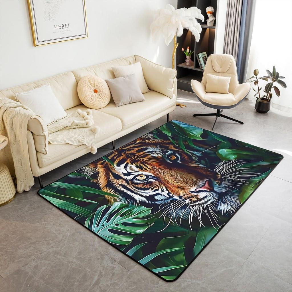 Japanese Ukiyo-e Tiger & Ocean Wave Print Area Rug, Bold Non-Slip Floor Mat for Living Room Bedroom Home Decor Carpet