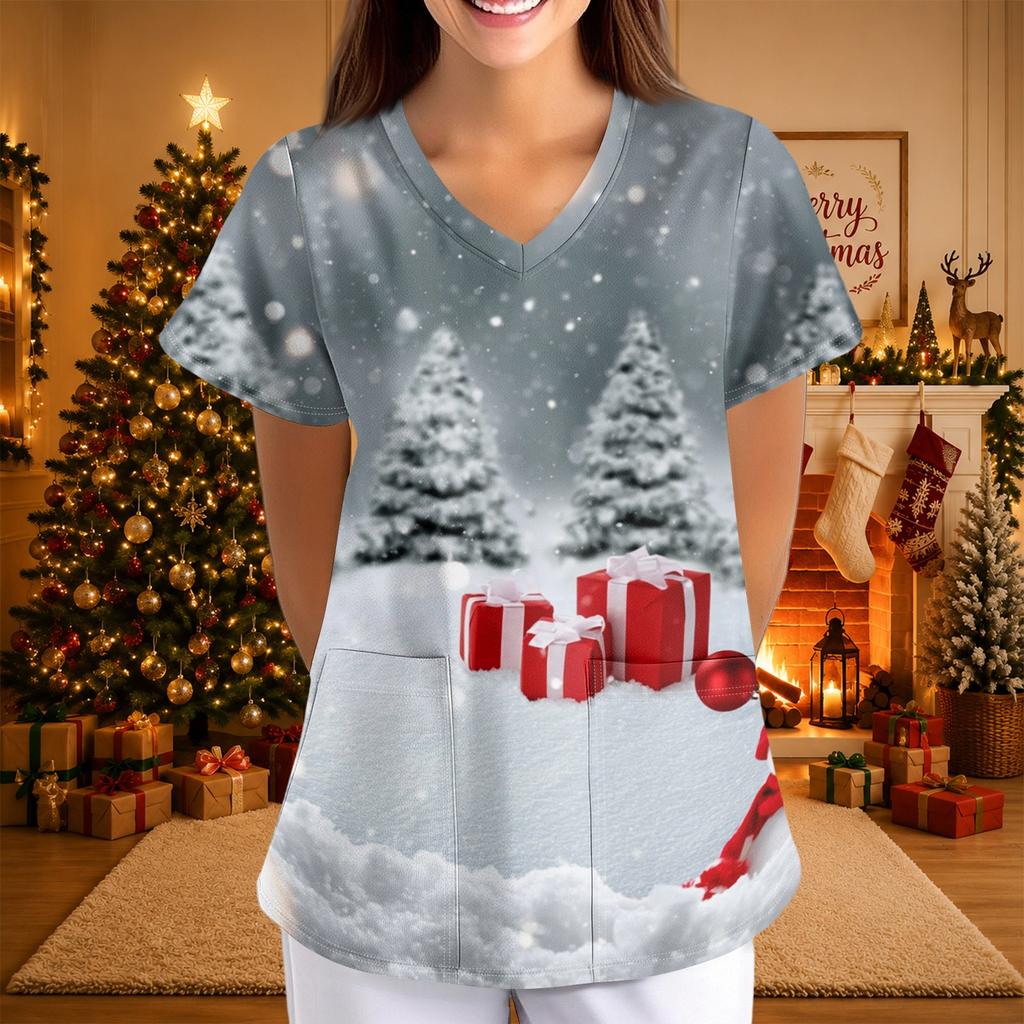 Women's Casual 3/4 Sleeve Neck Top with Christmas Print