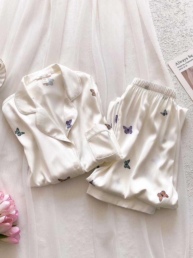 

Women s Silk Pajama Set - Butterfly Print, Long Sleeve, Lightweight Mulberry Silk, Suitable for Spring/Summer, All Seasons, Sweet Homewear. Large білий