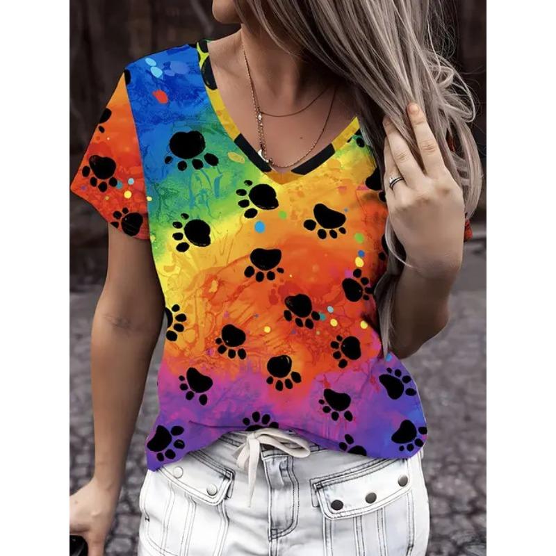 Summer Fashion Trend Casual Animal Cat Pattern Printed Short Sleeved V-neck Women's T-shirts