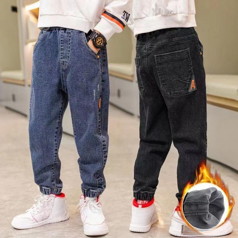 Boys' Jeans Plus Velvet Autumn and Winter Big Children's Trend Pants All-in-one Velvet Children's Trousers