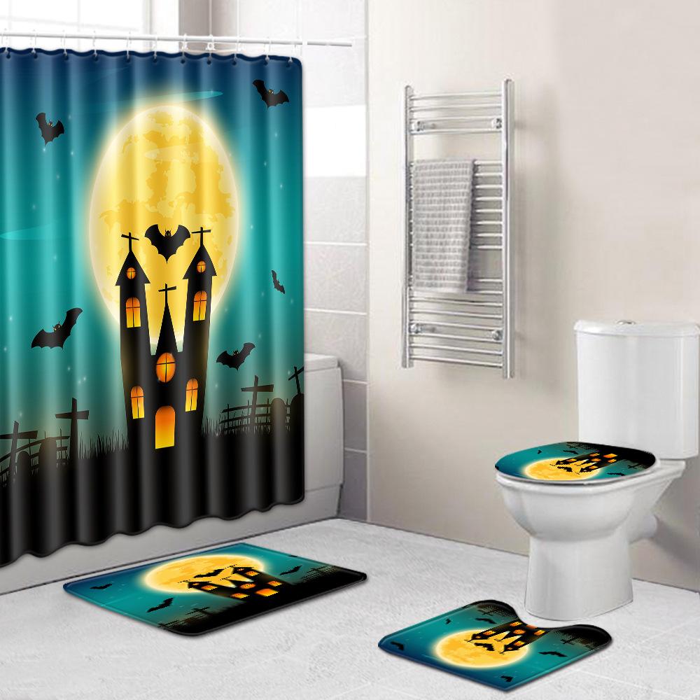 Halloween Shower Curtain Floor Mat Three-Piece Combination Set, Living Room Sand Absorbent Carpet, Bedroom Non-Slip Door Mat