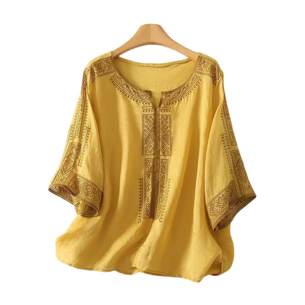 Fashionable Women's Cotton Linen Embroidered V-neck Short-sleeved T-shirt, Loose Summer Top