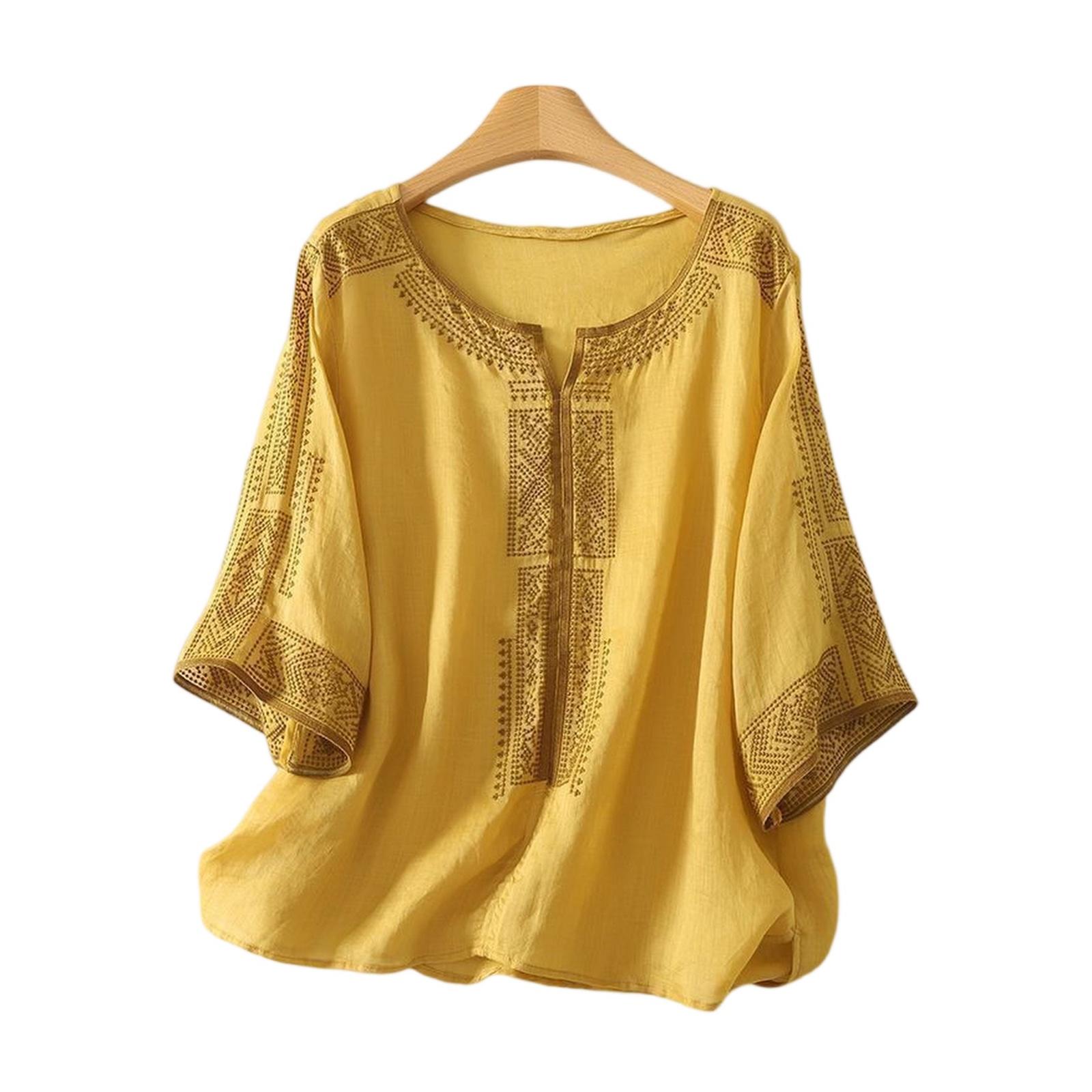

Fashionable Women s Cotton Linen Embroidered V-neck Short-sleeved T-shirt, Loose Summer Top XL жовтий