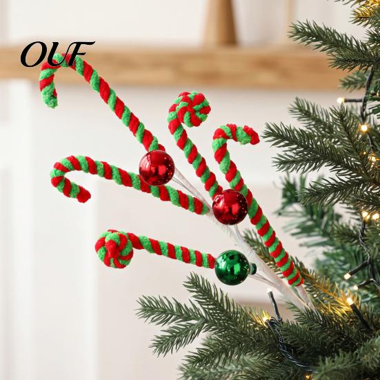 Festival Candy Cane Branch Christmas Pick, Red White Green Plush Stem, Festive Decor for Vase Filler, Wreath, Xmas Tree Decoration Filler