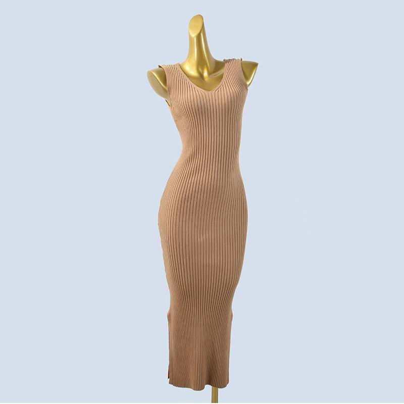 Double V Neck Knitting Sweater Soft Glutinous Stretch Fall/Winter Slim Slim Looking Pure Color Sleeveless Vest Dress Sheath Split