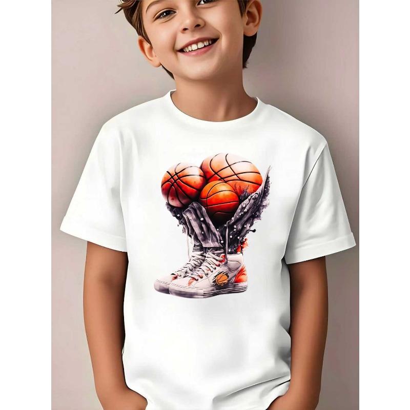 European sizes Fashionable Short-Sleeve T-Shirt for Boys Featuring a Basketball Sneaker Theme: a of Sports Gear Elements