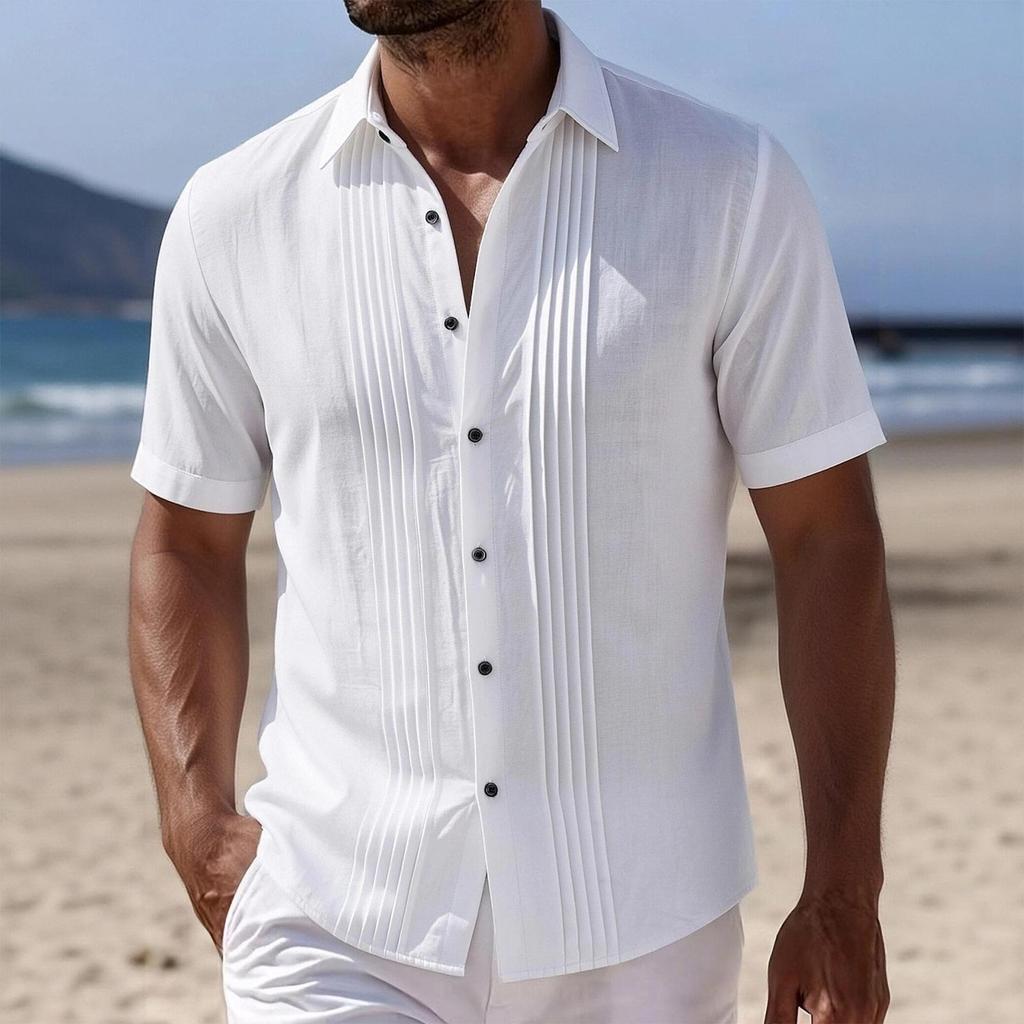 Men's Linen Shirt Short Sleeve Button Front Pleated Casual Summer
