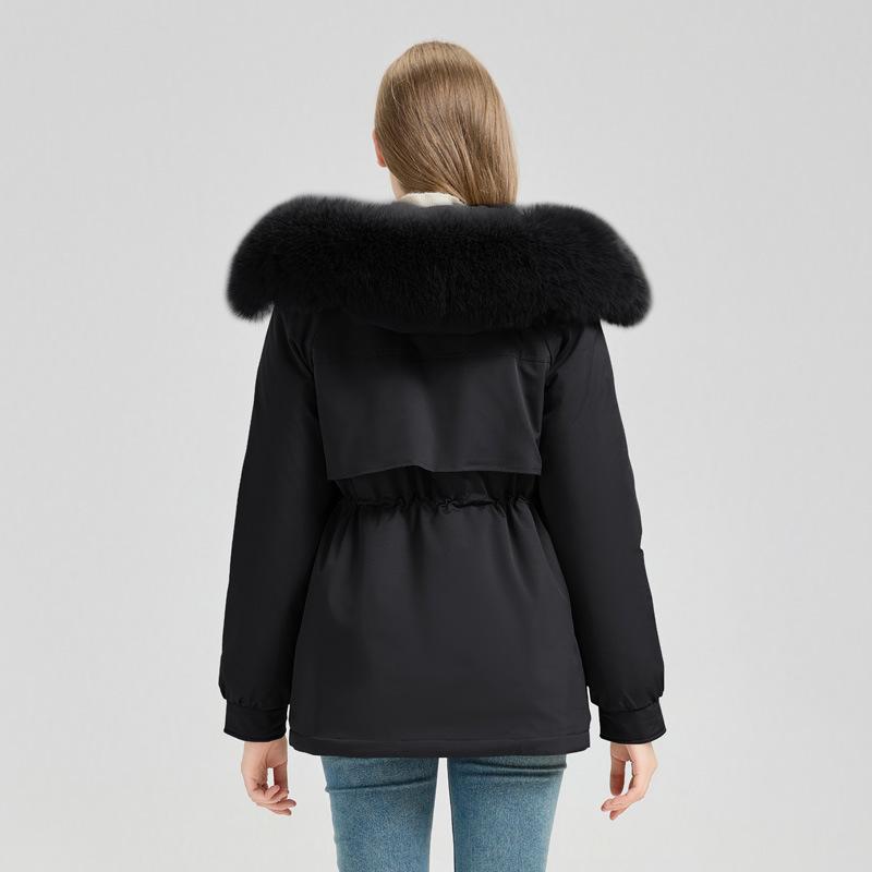 Ladies Winter Hooded Shearling Parka Down Jacket Mid-Length
