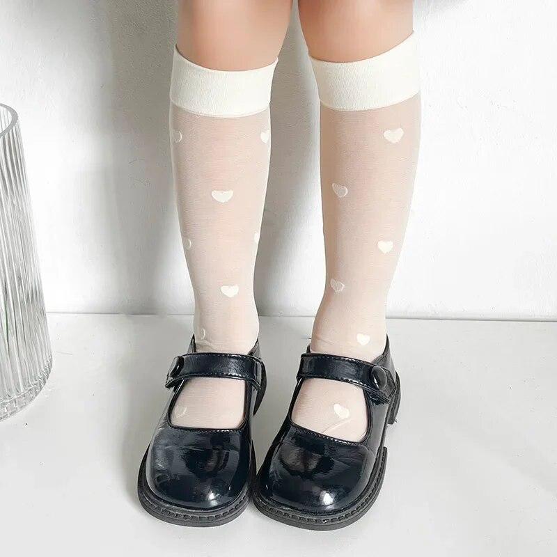 1 Pair Kids Girl Silk Sock Fashion Heart Bowknot Calf Sock for Children Girl Summer JK Thin Soft Breathable Little Girl Sock