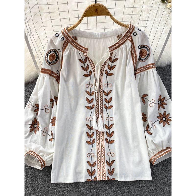 Ethnic Style Long Sleeve Loose Cotton and Linen Pullover Casual Embroider
