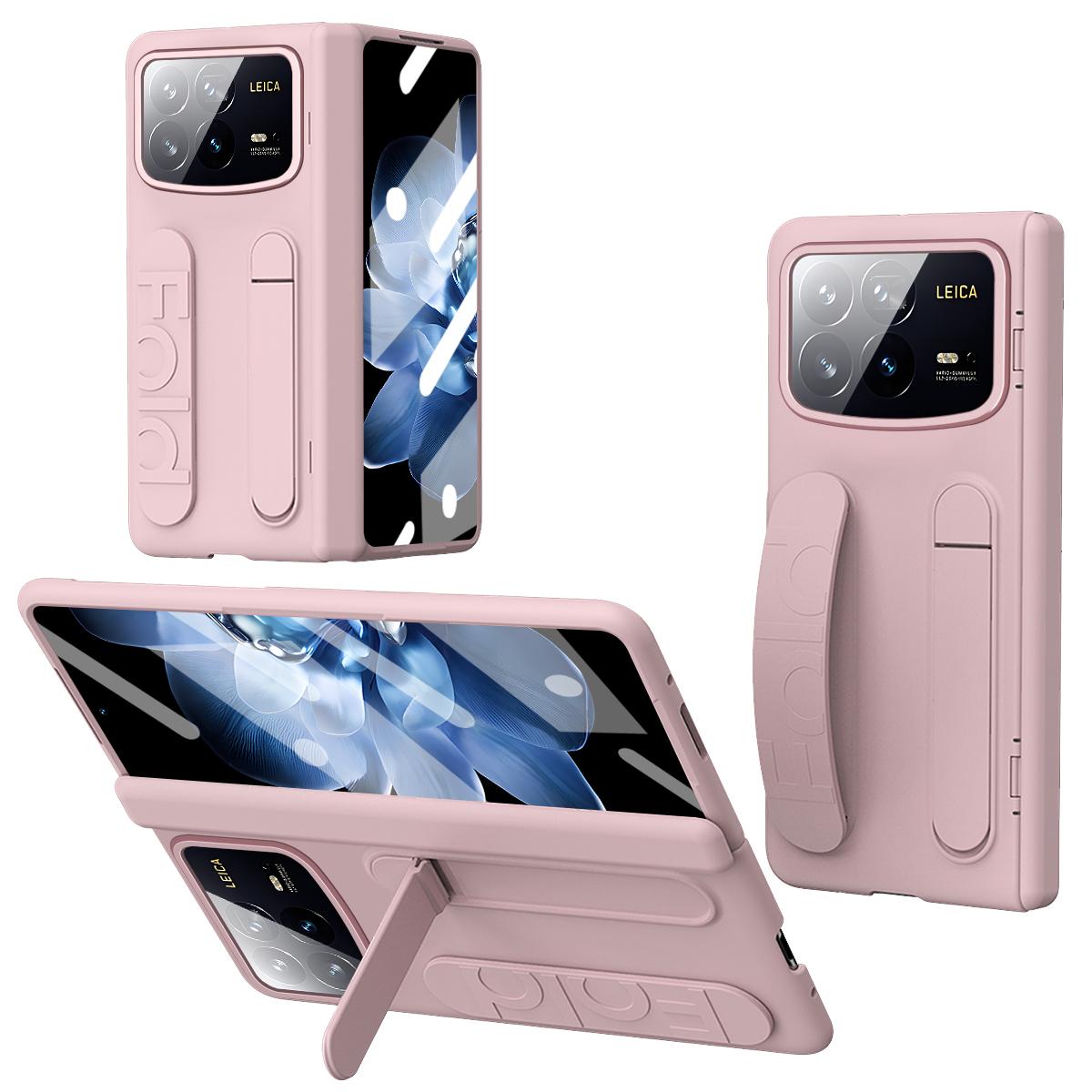

For Xiaomi Mix Fold 4 5G Case Kickstand Wristband PC Phone Cover with Tempered Glass Film Pink