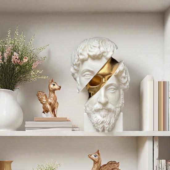 Sliced Philosopher Sculpture Golden Skull Greek Philosopher Statue Resin Figurine Home Office Desktop Decoration Ornament