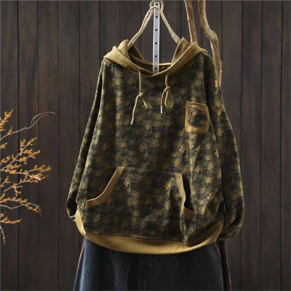 Johnature Women Vintage Print Floral Hooded Sweaters Pullover Pockets Autumn Casual Terry Long Sleeve Female Sweaters