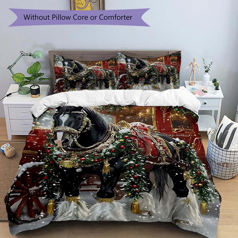 

3pcs Christmas Horse Carriage Bedding Set - Includes One Quilt Cover and Two Pillowcases (No Core) - Festive Decor for Bedroom and Guest Room - Polyes 135x200cm
