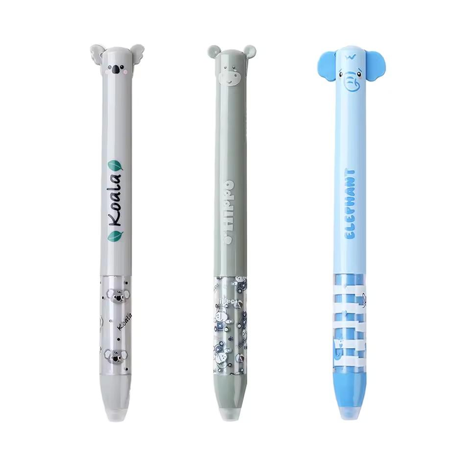 2 In 1 Erasable Gel Pen Cartoon Animals 0.5mm Blue Red Magic Ink Smooth Writing Washable Handle Office School Writing Stationery