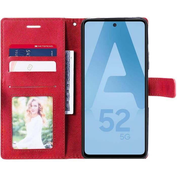Coque et 2 Verres Trempés pour Samsung Galaxy A52s, A52 4G-5G - BOOLING - Rouge - Semi-rigide - Synthécuir