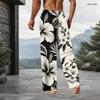 Men Plus Size Pink Cherry Blossom Printed Drawstring Waist Side Pockets Straight Leg Full Length Beach Pants