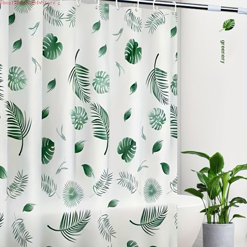 high quality shower curtain set featuring leaf - With Hooks Waterproof Mildew Proof Easy Install Washable
