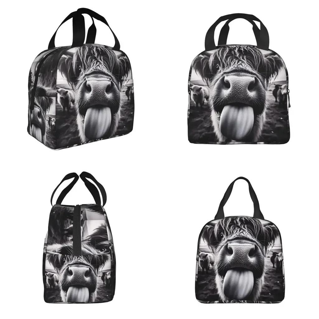 Hochlandkuh mit lustig herausgestreckter Zunge Isolierte Lunchtasche für Damen Kinder Auslaufsichere Lebensmittelboxen Thermos-Lunchbox Tragetasche