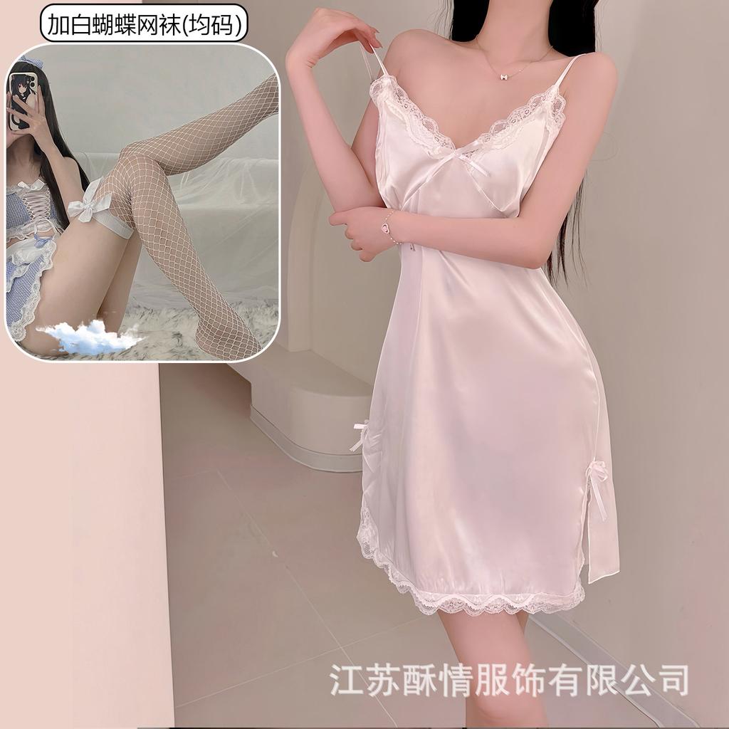 Sexy pure desire style new lace suspender nightdress women's satin thin sexy deep V split set