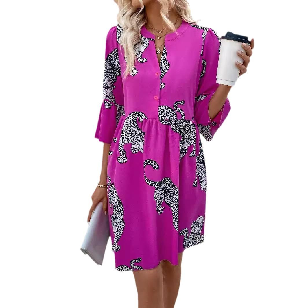 

Summer Elegant Women Leopard Button Bell Sleeve Dress Mature Style French Retro Patchwork Slim Sexy Elegant Women Maxi Dress S розы красного