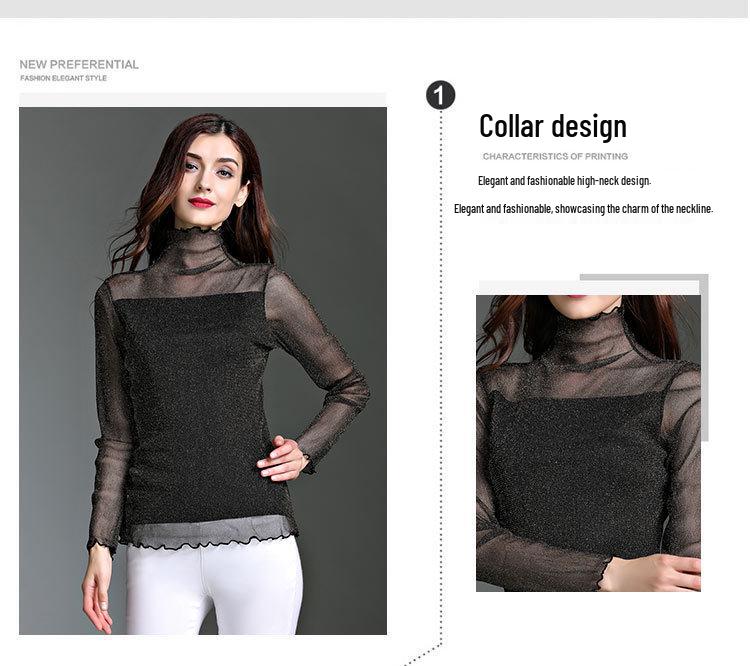 2024 Damen High-Neck Patchwork Mesh Top mit Gold- & Silberfäden - Vielseitige Langarm See-Through Basisschicht