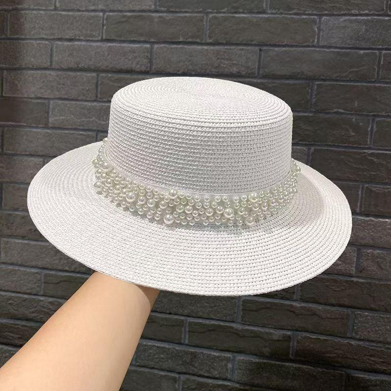 South Korea pearl flat top straw hat women travel vacation sunscreen fashion versatile top hat summer hat tide straw weaving