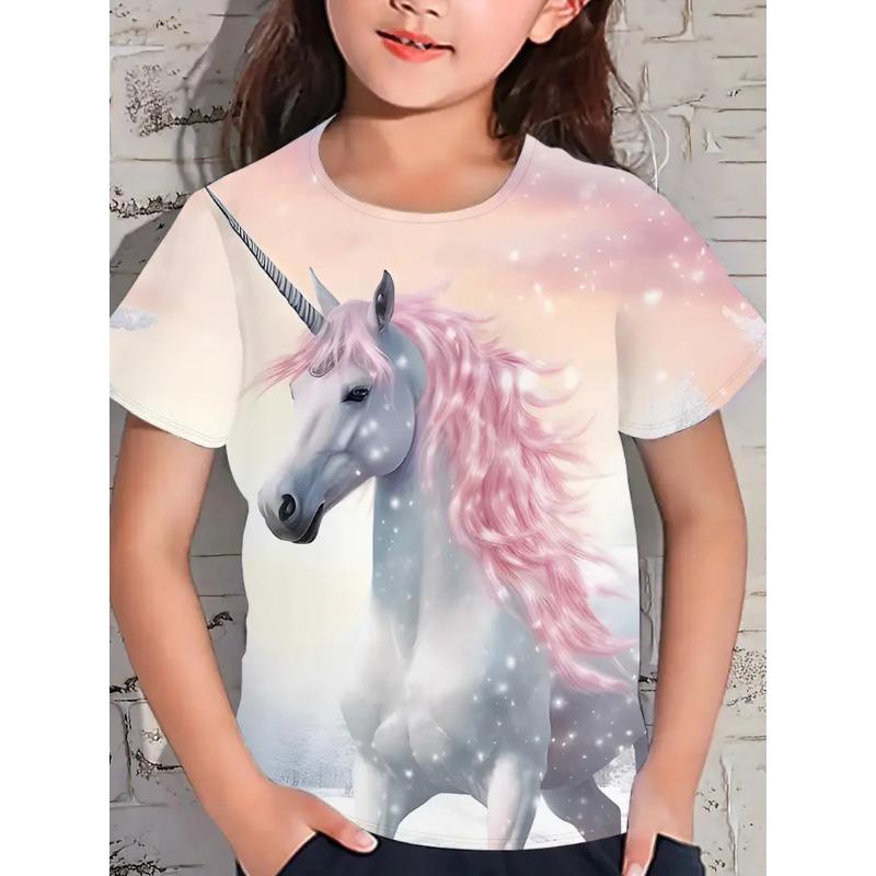 Nowy kreskówkowy T-shirt dziecięcy T-shirt z krótkim rękawem luźny casualowy wzór z koniem topy dla dziewczynek