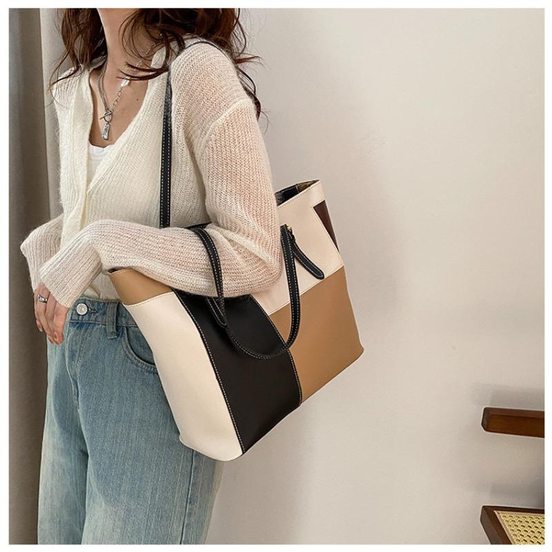 Korean Style Color Blocking Large Capacity Tote Bag Trendy Fashion Shoulder Handbag Casual Shopping Bag for Women CLE