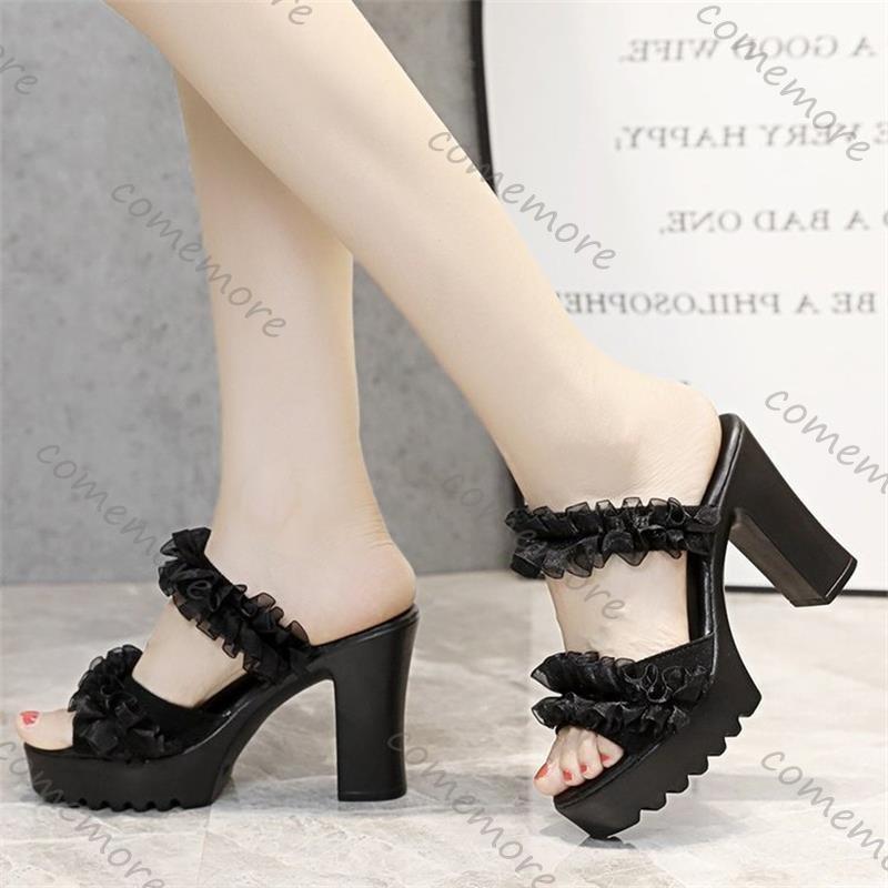 Comemore Thick Heeled Fish Mouth Sandals Summer Slip On Platform Slippers Womem's Shoes Lace High-heel Sandales