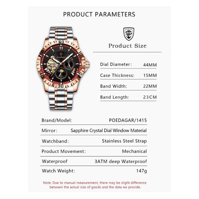 POEDAGAR Luxury Men Clock Hollow Tourbillon Automatic Mechanical Watch Waterproof Luminous Stainless Steel Watches+Box